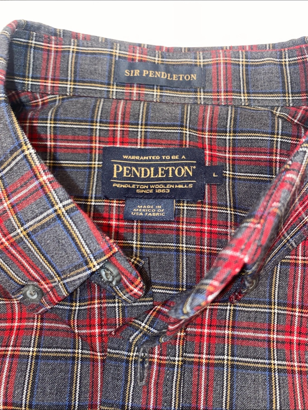 Pendleton Men’s Red and Navy Plaid Button-Down Shirt- Large